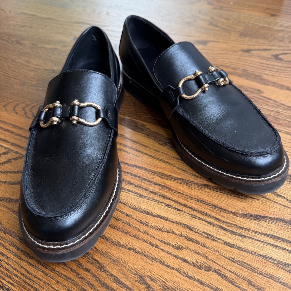 Anne Klein Loafers Women's 10 Black iFlex Lug Sole Gold Horsebit Preppy